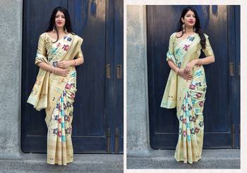 Off white woven banarasi silk saree with blouse 3