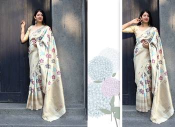 Off white woven banarasi silk saree with blouse 4