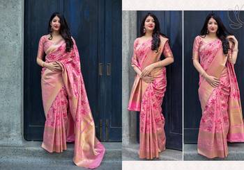 Baby pink woven banarasi saree with blouse 3
