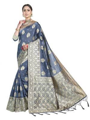Grey woven art silk saree with blouse 1