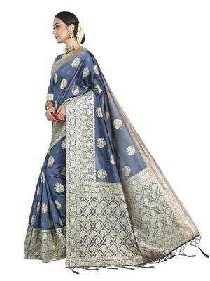 Grey woven art silk saree with blouse 2