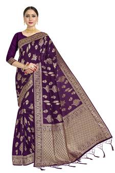Purple woven art silk saree with blouse