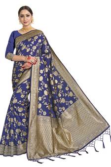 Blue woven art silk saree with blouse