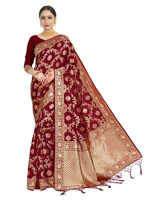 Red woven art silk saree with blouse 1