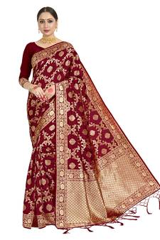 Red woven art silk saree with blouse