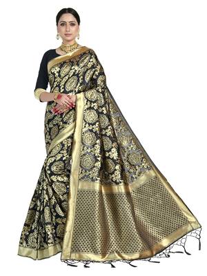 Black woven art silk saree with blouse 1