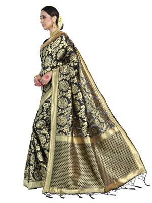 Black woven art silk saree with blouse 2