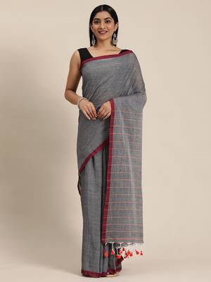 Grey Plain Cotton Handloom Sarees With Blouse 1