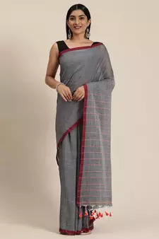 Grey Plain Cotton Handloom Sarees With Blouse