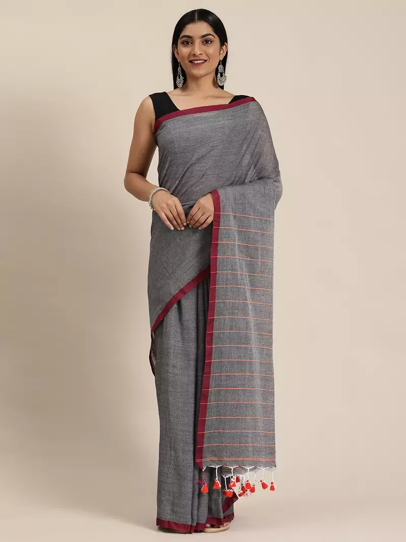Grey Plain Cotton Handloom Sarees With Blouse