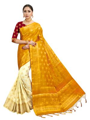Mustard woven art silk saree with blouse 1