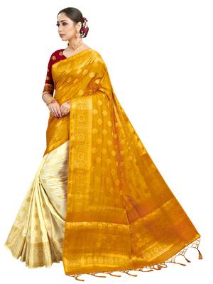 Mustard woven art silk saree with blouse 2
