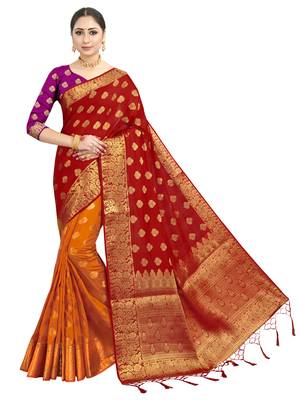 Red woven art silk saree with blouse 1