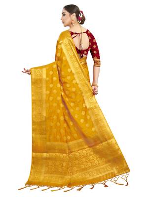 Mustard woven art silk saree with blouse 3