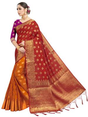 Red woven art silk saree with blouse 2