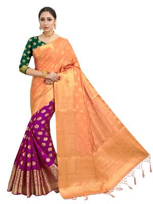Peach woven art silk saree with blouse 1