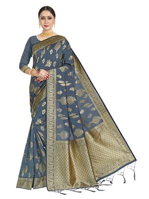 Grey woven art silk saree with blouse 1