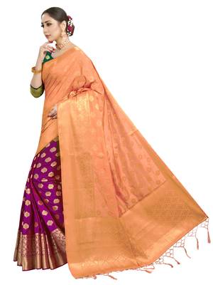 Peach woven art silk saree with blouse 2