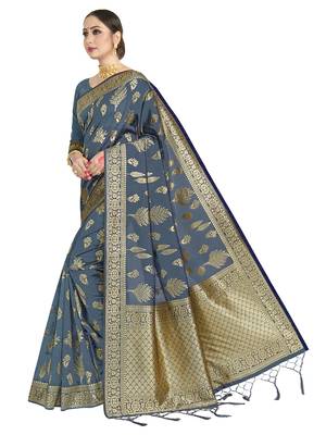 Grey woven art silk saree with blouse 2