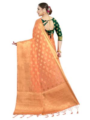 Peach woven art silk saree with blouse 3