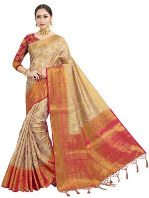 Beige woven art silk saree with blouse 1