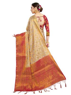 Beige woven art silk saree with blouse 3
