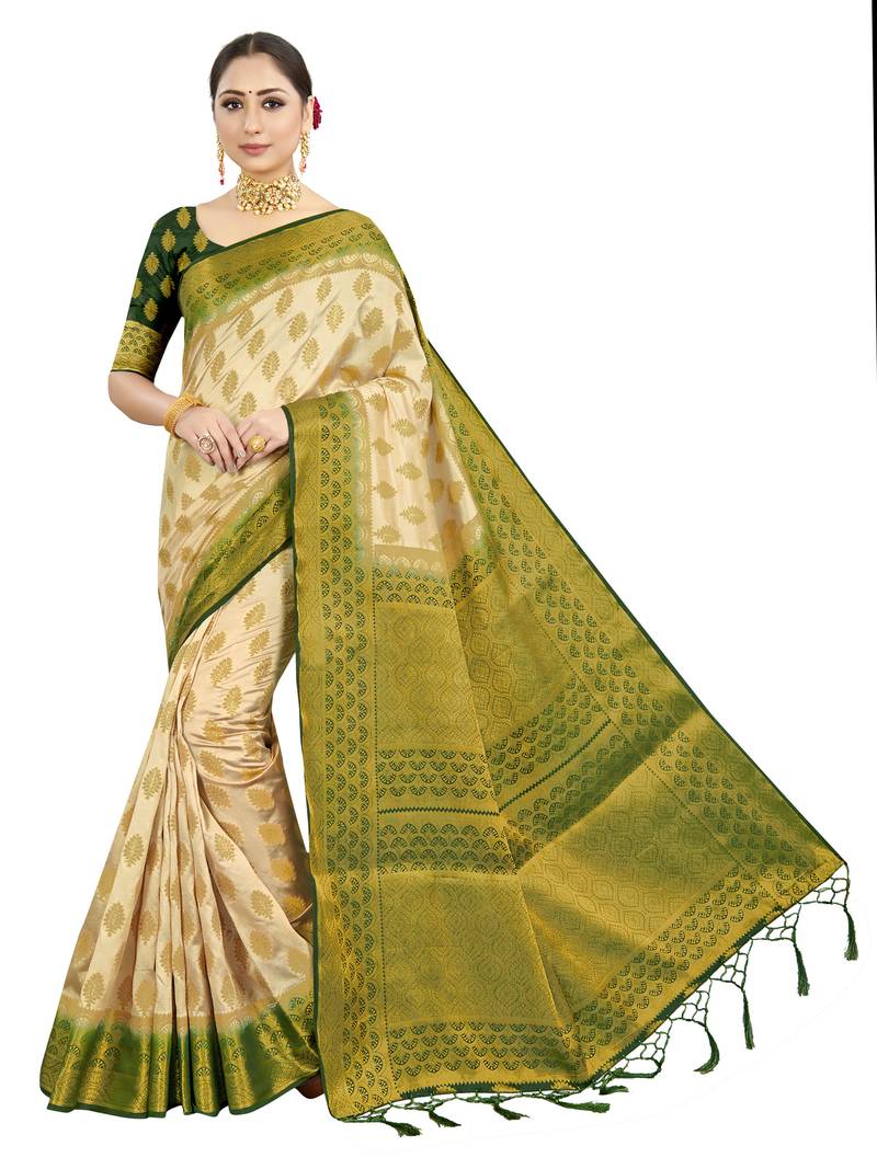 Beige woven art silk saree with blouse