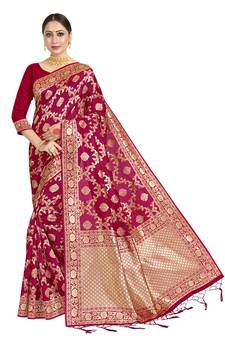 Pink woven art silk saree with blouse