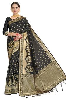 Black woven art silk saree with blouse