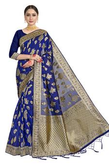 Navy blue woven art silk saree with blouse