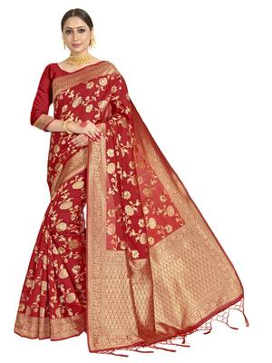 Red woven art silk saree with blouse 1
