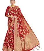 Red woven art silk saree with blouse