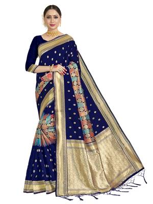 Navy blue woven art silk saree with blouse 1