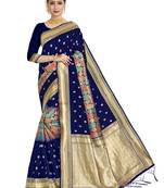 Navy blue woven art silk saree with blouse