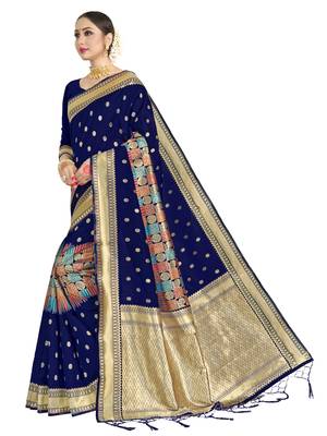 Navy blue woven art silk saree with blouse 2