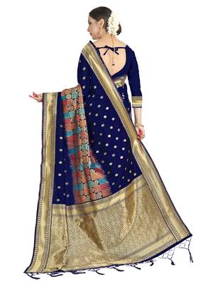 Navy blue woven art silk saree with blouse 3