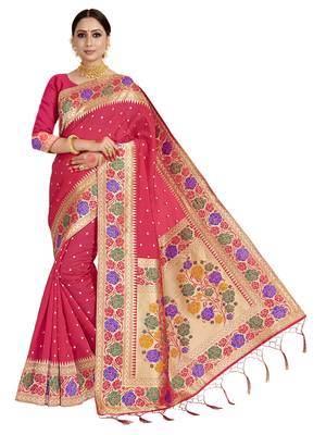 Pink woven art silk saree with blouse 1