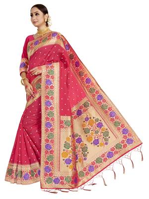 Pink woven art silk saree with blouse 2