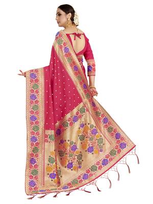 Pink woven art silk saree with blouse 3