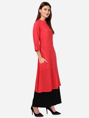 Red VENIKA CREATRION A LINE SOLID POCKET KURTA 3