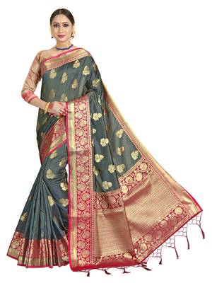 Grey woven art silk saree with blouse 1