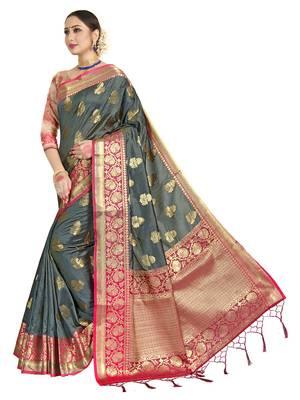 Grey woven art silk saree with blouse 2