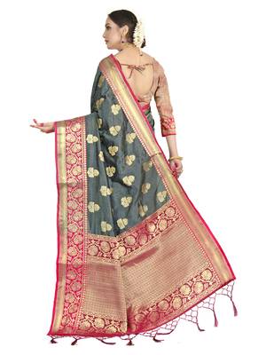 Grey woven art silk saree with blouse 3