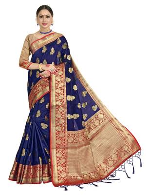 Navy blue woven art silk saree with blouse 1