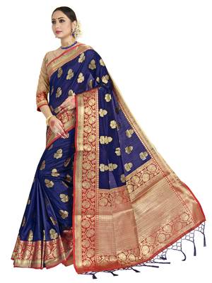 Navy blue woven art silk saree with blouse 2