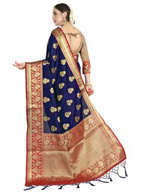 Navy blue woven art silk saree with blouse 3