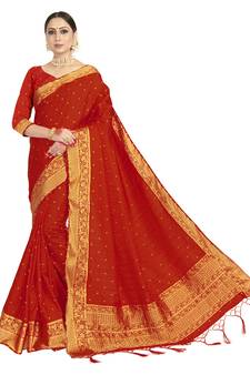 Red woven satin saree with blouse