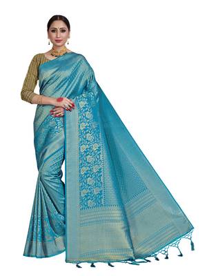 Blue woven art silk saree with blouse 1
