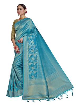 Blue woven art silk saree with blouse 2