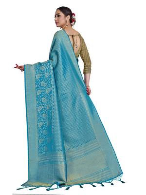 Blue woven art silk saree with blouse 3